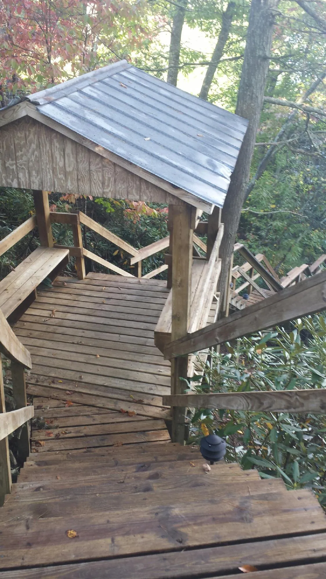 Metal roofed shelter over wooden steps on a wooded walkway — Skylight Repair & Installation work by our crew in University